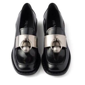 PRADA brushed leather loafers Glossy Black with Metallic Detail